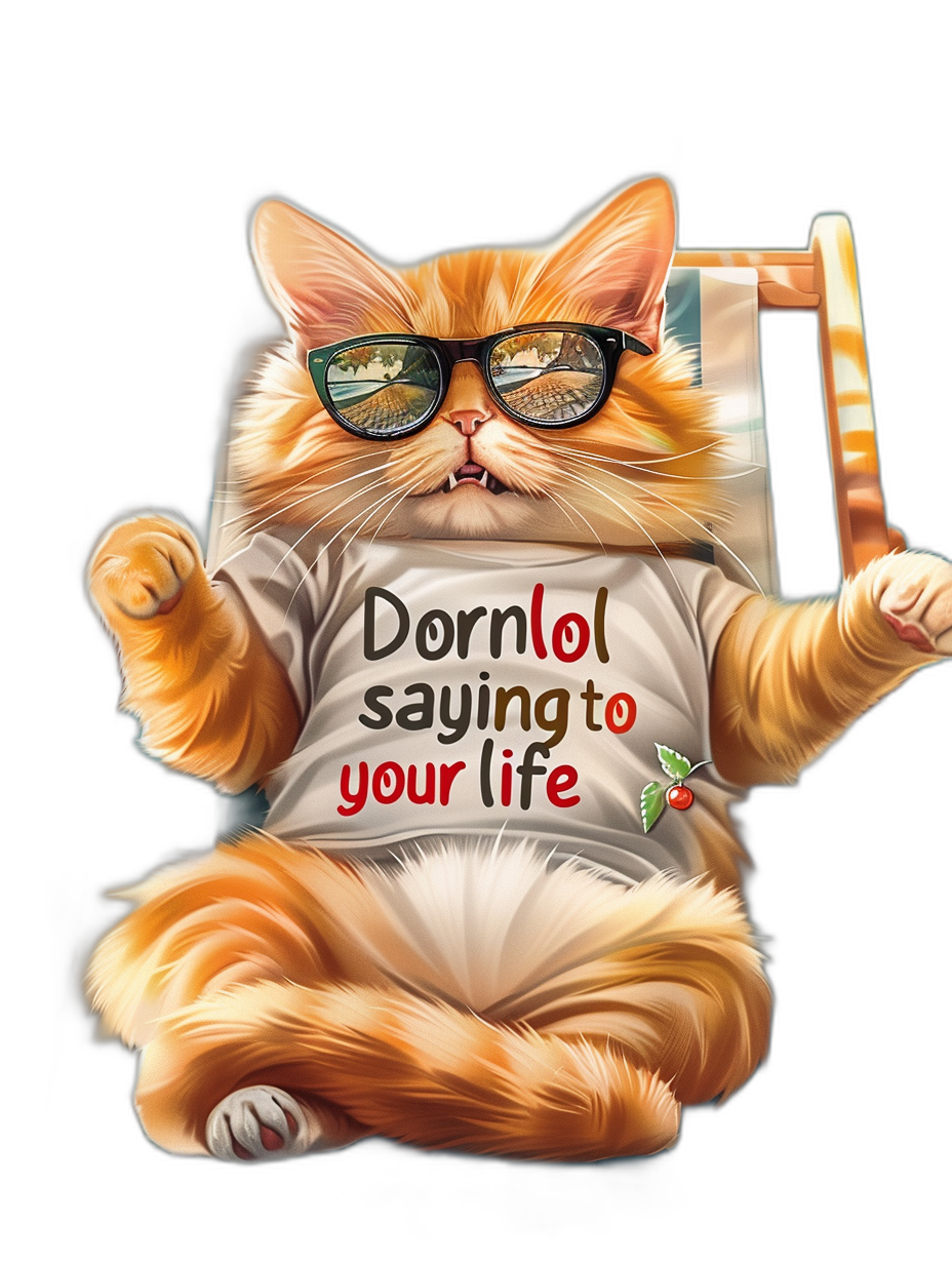 digital art of fat orange cat wearing sunglass, holding t-shirt with text “Dornsource saying to your life”, black background , cute and funny