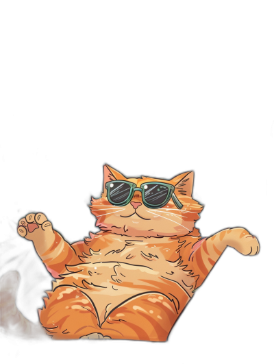 A cute happy orange fat cat wearing sunglasses is lying on its back, with one paw hanging out of the air and showing its belly to you. It has an anime style with a black background. The cartoon character design features a flat illustration, full body portrait, high definition, and detailed details in the style of .