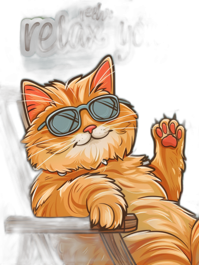 A cute happy ginger cat with blue sunglasses lounging on an outdoor chair in a digital illustration vector graphic design for a t-shirt, with a black background, and the text "relax" in a bold letter font above it. The style is reminiscent of Disney Pixar animation. It has large expressive eyes and a soft fur texture. The colors are vibrant against a dark background. The scene includes a relaxed atmosphere with warm lighting and soft shadows.