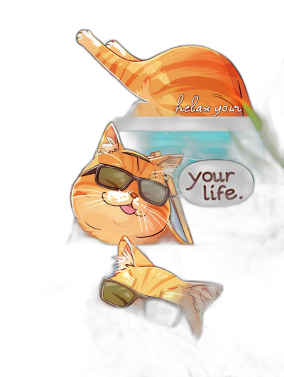 A cartoon orange cat wearing sunglasses relaxing in front of an aquarium, with the text "relax your life" on a black background.