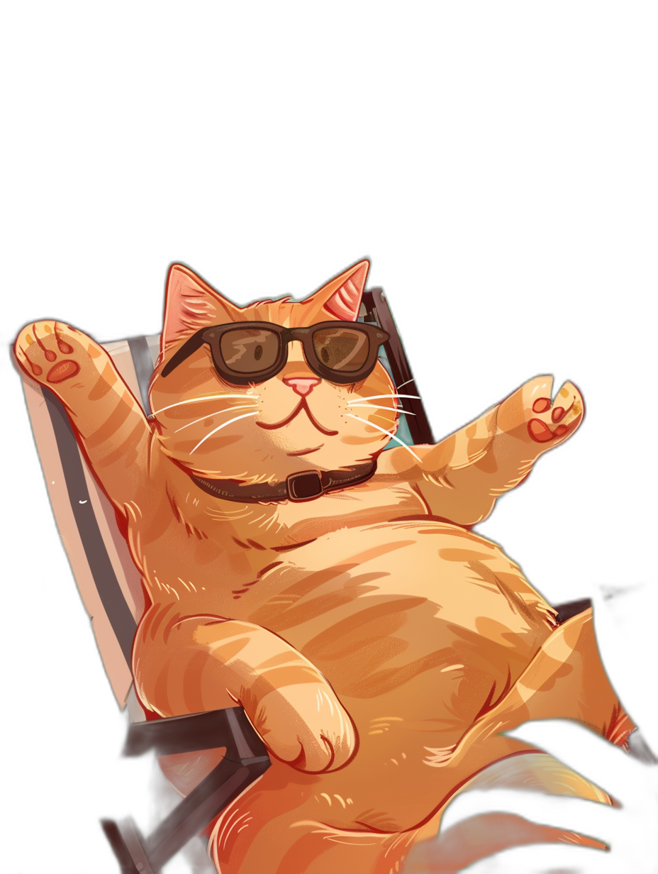 A fat ginger cat wearing sunglasses lounging on a deck chair, vector art, black background, digital illustration, cute and funny, full body portrait, in the style of cartoon, digital drawing, simple design, high contrast.