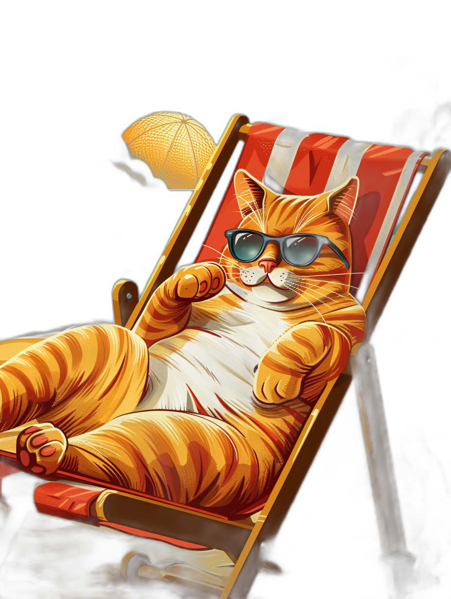 digital art of a cool fat orange cat, wearing sunglasses, sitting on a beach chair with a striped cover, with a chill and happy expression, on a black background, in the style of painting.