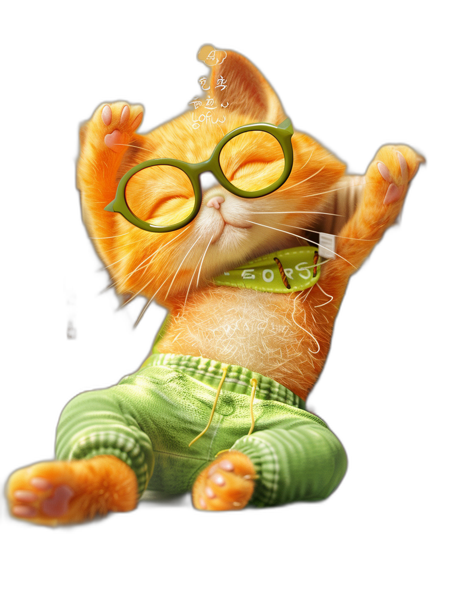 Cute orange cat wearing green pants and glasses, lying on its back with both hands raised in the air, in the style of Pixar, black background, high definition wallpaper