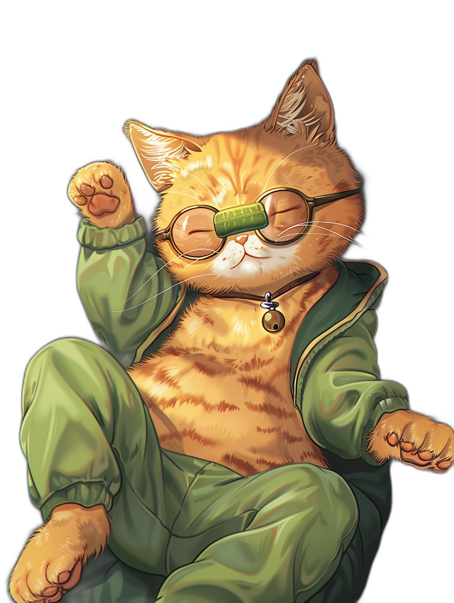 digital art of a cute and fat orange cat, wearing a green suit with glasses, chilling out in a pose in the studio, black background, in the style of Japanese anime.