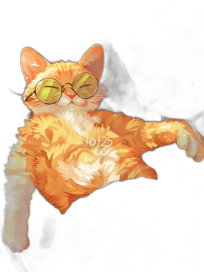 Digital art of a cute and fat orange cat wearing yellow glasses, the word "ot25" is written on his body, black background, digital painting, illustration, in the style of Pixar.