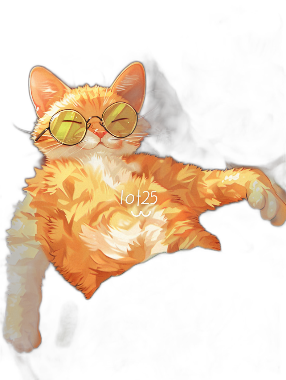 Digital art of a cute and fat orange cat wearing yellow glasses, the word “ot25” is written on his body, black background, digital painting, illustration, in the style of Pixar.