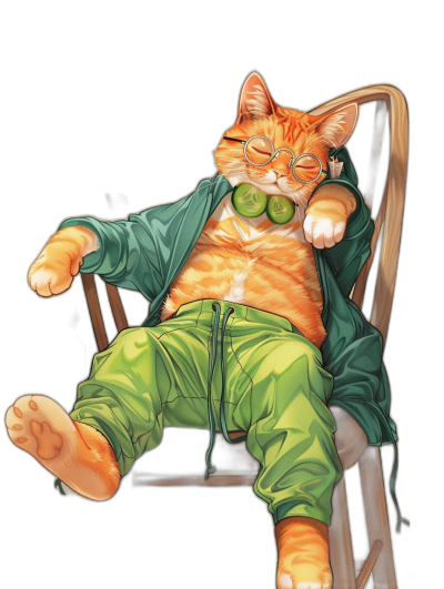 A big orange cat wearing green pants and an open jacket is lying on the chair, sleeping with its eyes closed in the style of Japanese anime. It has glasses hanging around its neck, feet sticking out from under the , black background, with high definition, resolution, and detail.