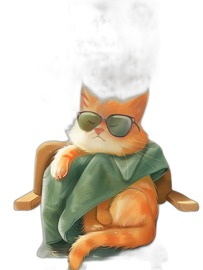 digital art of a cute and fat orange cat, wearing sunglasses with a green scarf, sitting on a chair in an office with a black background, chilling happily and funnily in the style of an office worker.