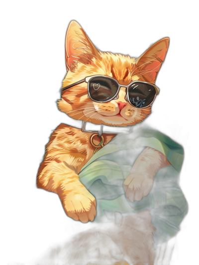 digital art of cute and fat orange cat , wear sunglasses with green scarf, black background , wearing fashion outfit , chill mood