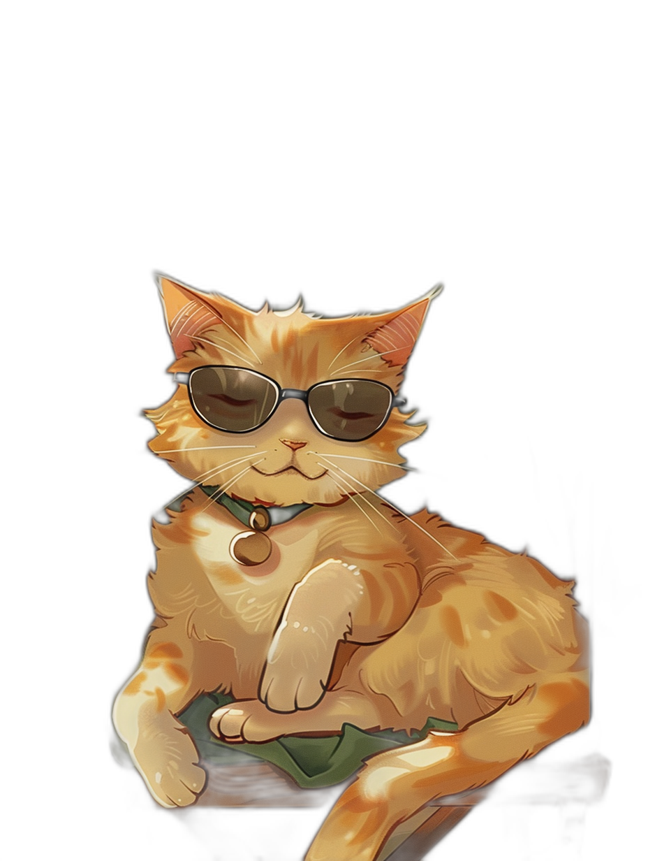 A digital illustration of an orange cat wearing sunglasses and sitting on a lap against a black background, in the cute anime style.