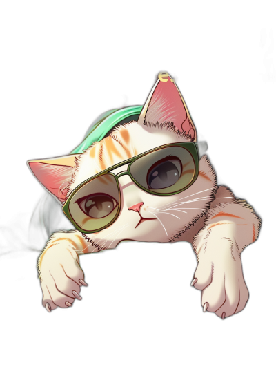 A white and orange cat with a green cap, cute and kawaii style, lying on a black background with a big head and glasses, in the style of big head glasses.