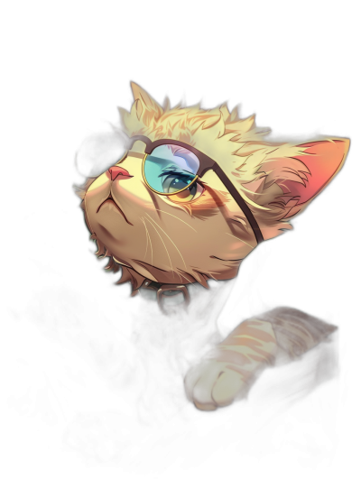 A cute cat with aviator glasses in a dark room in the style of anime.