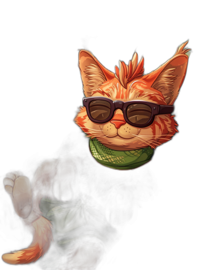 A cute orange cat with sunglasses and a green scarf on a black background in the style of League of Legends cartoon art.