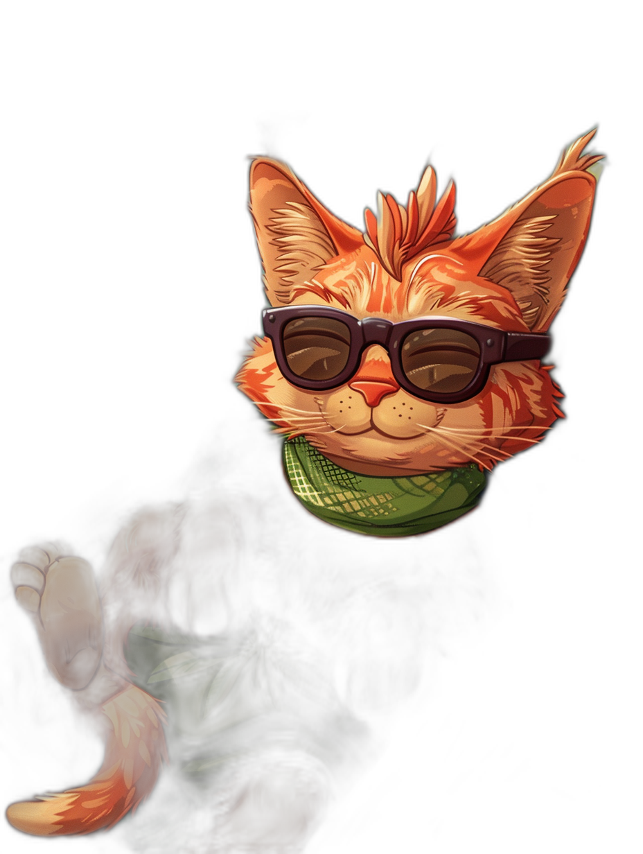 A cute orange cat with sunglasses and a green scarf on a black background in the style of League of Legends cartoon art.