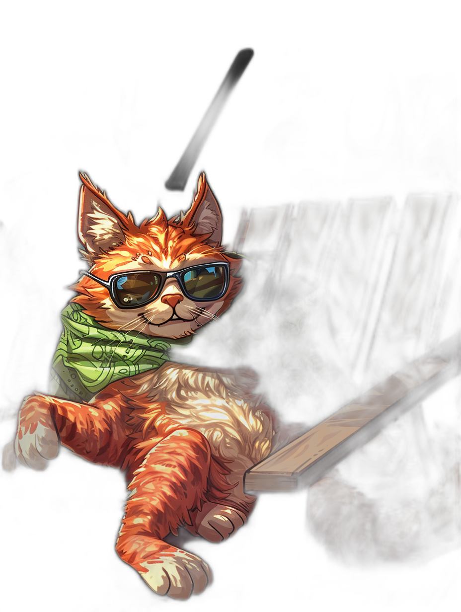 digital art of a cool fat orange cat, wearing sunglasses and a green bandana, sitting on a bench with a black background, chill out mood in dark colors, simple clean style, digital painting, cute illustration in the style of [WLOP](https://goo.gl/search?artist%20WLOP) and in the style of J Scott Campbell and in the style of [Artgerm](https://goo.gl/search?artist%20Artgerm), full body portrait, bright colors, fantasy, smooth lighting