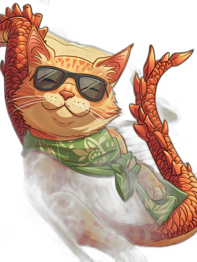 An illustration of an orange cat wearing sunglasses and a green bandana, sitting on top of a dragon's tail in the style of cartoon art. The vector art and digital painting have a black background and feature a cute subject.