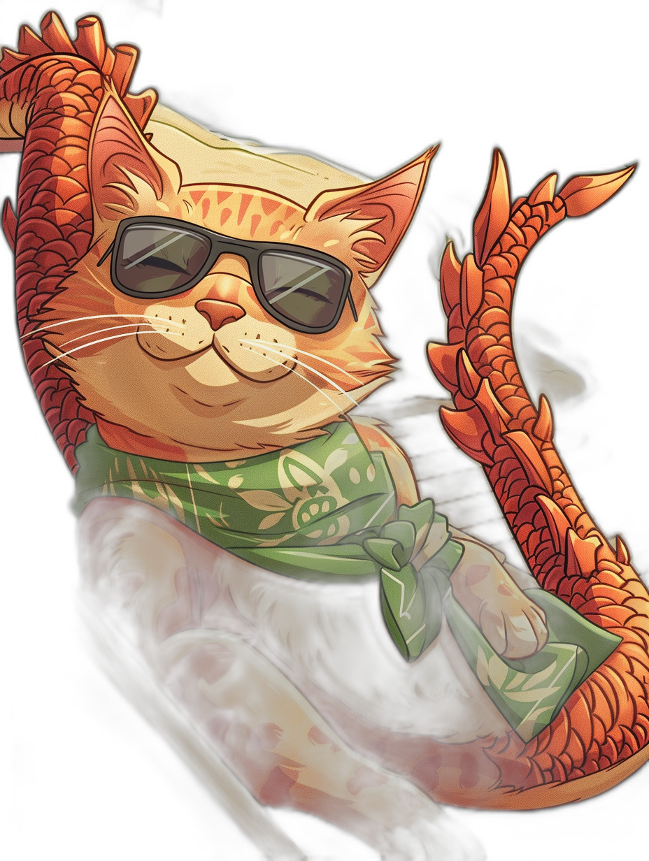 An illustration of an orange cat wearing sunglasses and a green bandana, sitting on top of a dragon’s tail in the style of cartoon art. The vector art and digital painting have a black background and feature a cute subject.