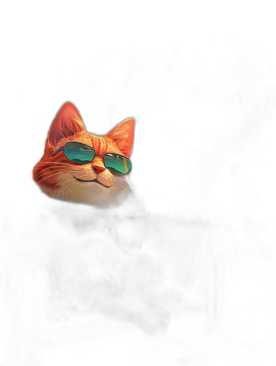 A cute orange cat wearing sunglasses is sitting on a dark background, with its head tilted and smiling at me in the style of Pixar. The deep black background color creates an atmosphere full of mystery. A soft light illuminates its face from above, adding depth to the scene. With bright cartoon-style colors, high resolution, and a portrait format.