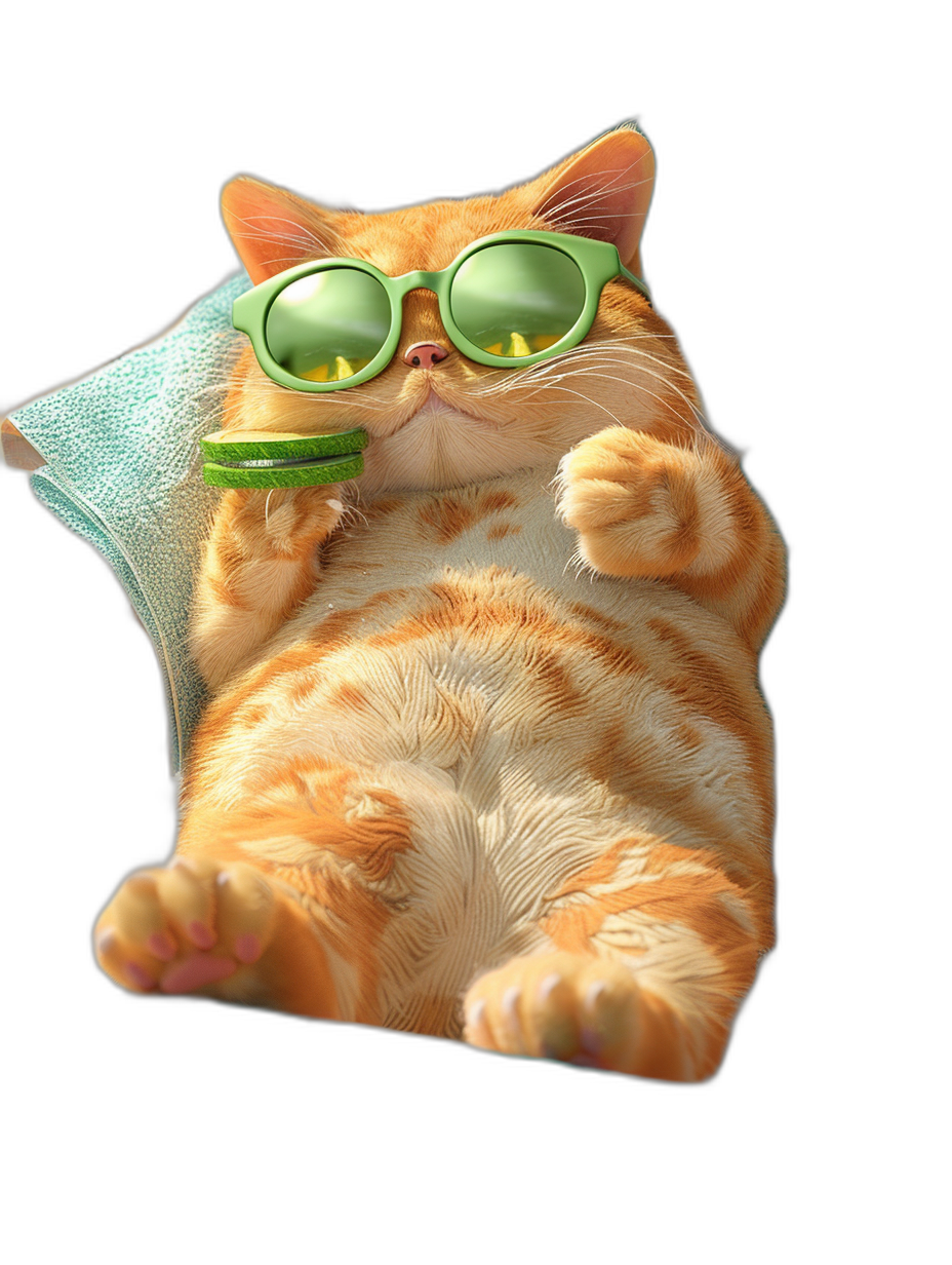 digital art of a cute fat orange cat, wearing green sunglasses, lying on the sofa and holding an ice cream in its hand, black background, chilling happily and funnily in the style of happy and funny.