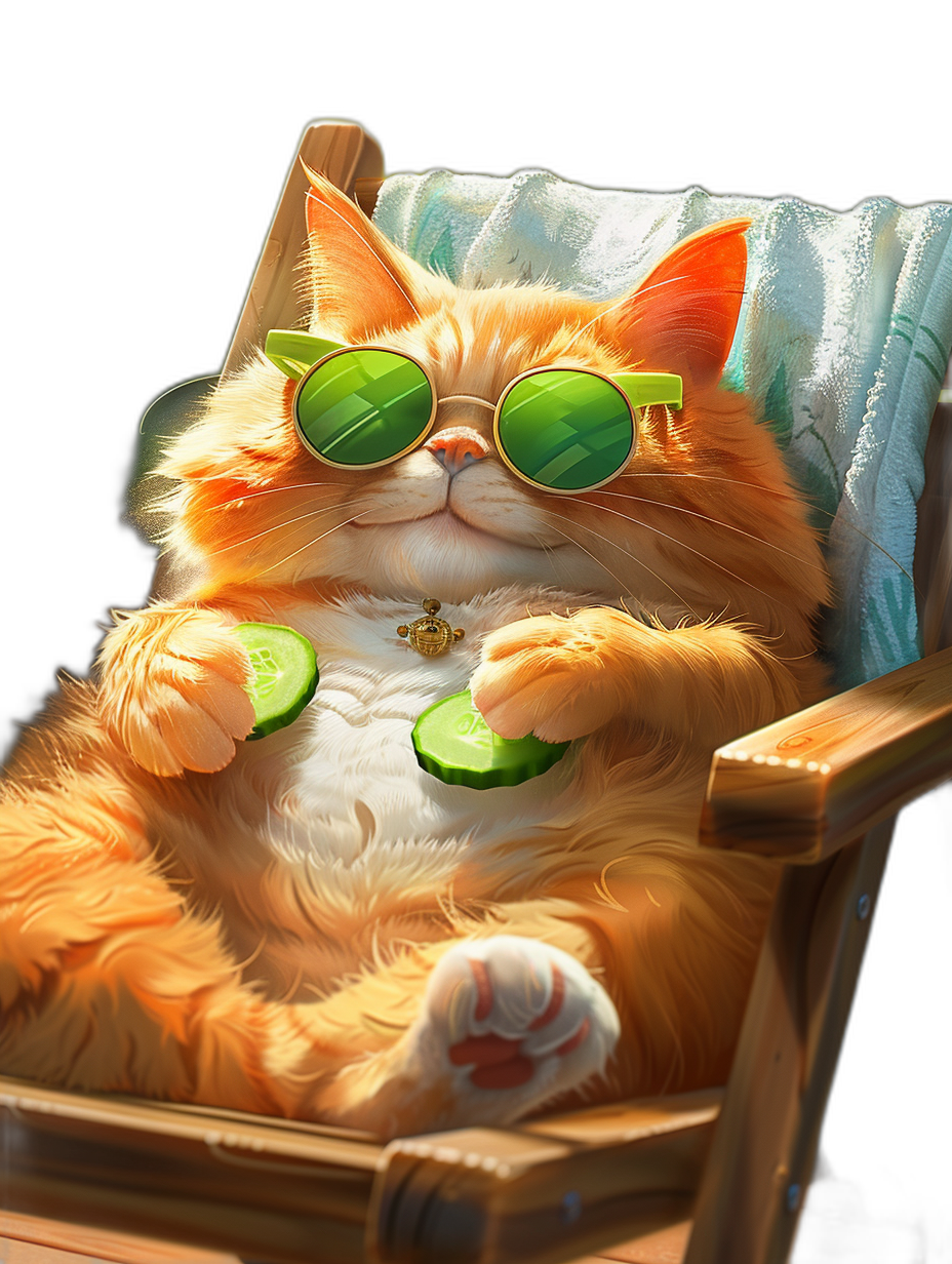 digital art of cute and fat orange cat , wearing sunglasses, lying on the deck chair with cucumber in hand to cool off, black background, cartoon style, funny expression, super detailed, high resolution