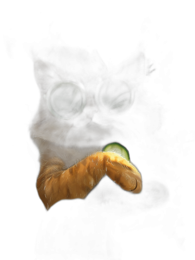 Digital art of an orange cat wearing green glasses, eating a lime on a black background in a dark room, with glowing light around the eyes and mouth, digital painting in the minimalist style.