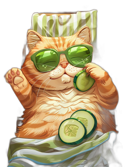 digital art of cool and fat orange cat , wearing sunglasses with green lens, lying on the bed , fluffy kitten face, eating cucumber in hand , black background, pastel tone, cute and funny