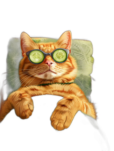 illustration of an orange cat wearing sunglasses and cucumber on its eyes, lying down in the spa chair with green pillow , black background, high detail