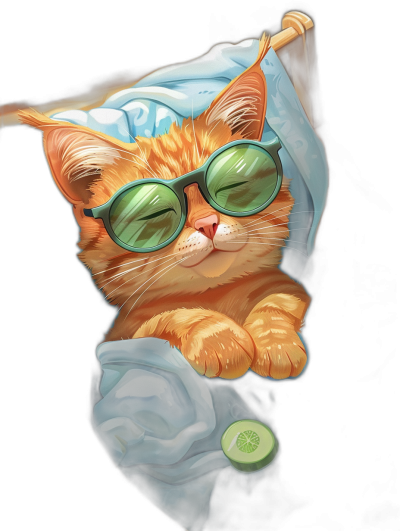 digital art of cute kitten , wear sunglasses with Cucumber in hand, wearing blue tshirt and blanket , chill out pose , black background , minimal style , soft-focused realism illustration