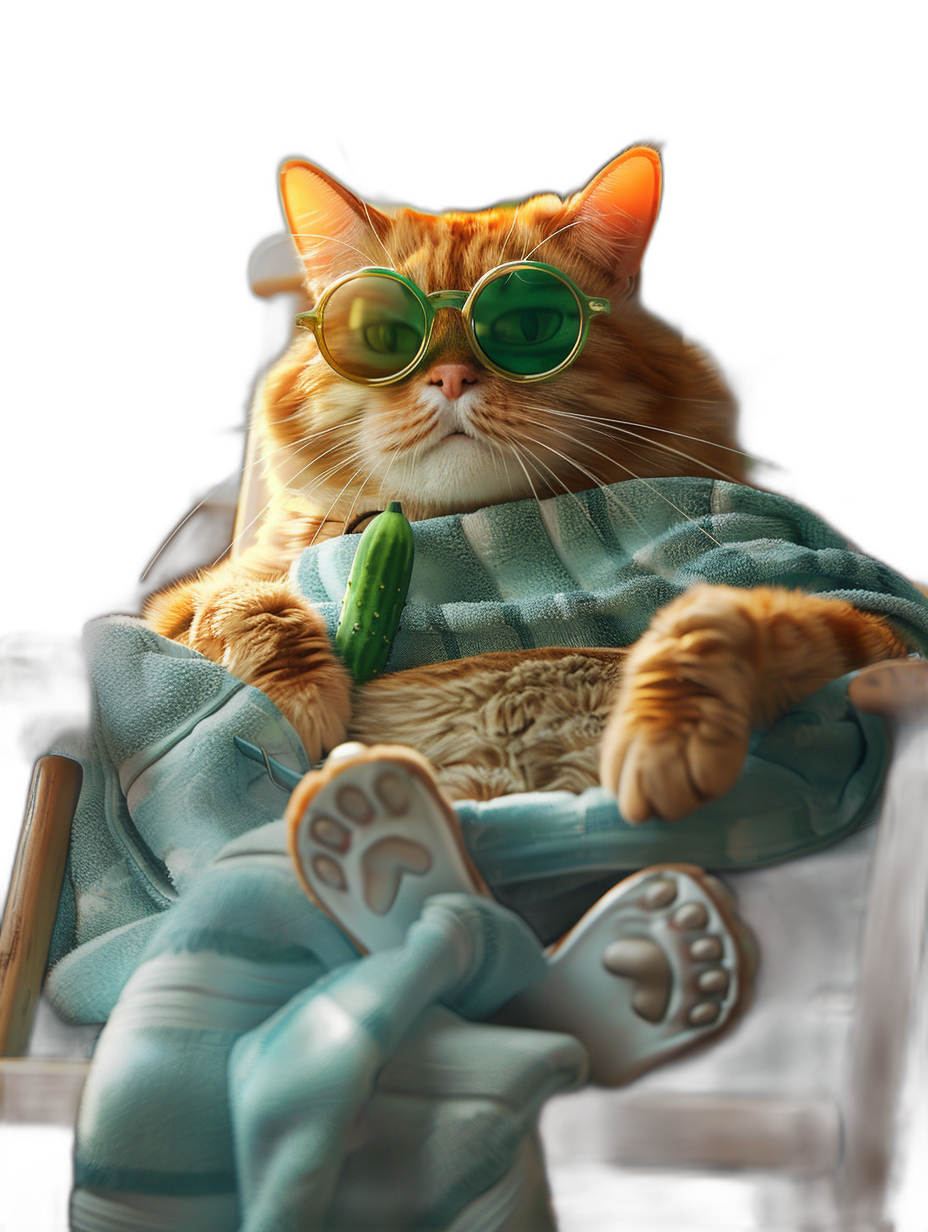 A ginger cat wearing green sunglasses and a blue towel, sitting in a chair with its feet up on a table, eating a cucumber, dark background, photorealistic, high resolution photography, insanely detailed, fine details, professional color grading.