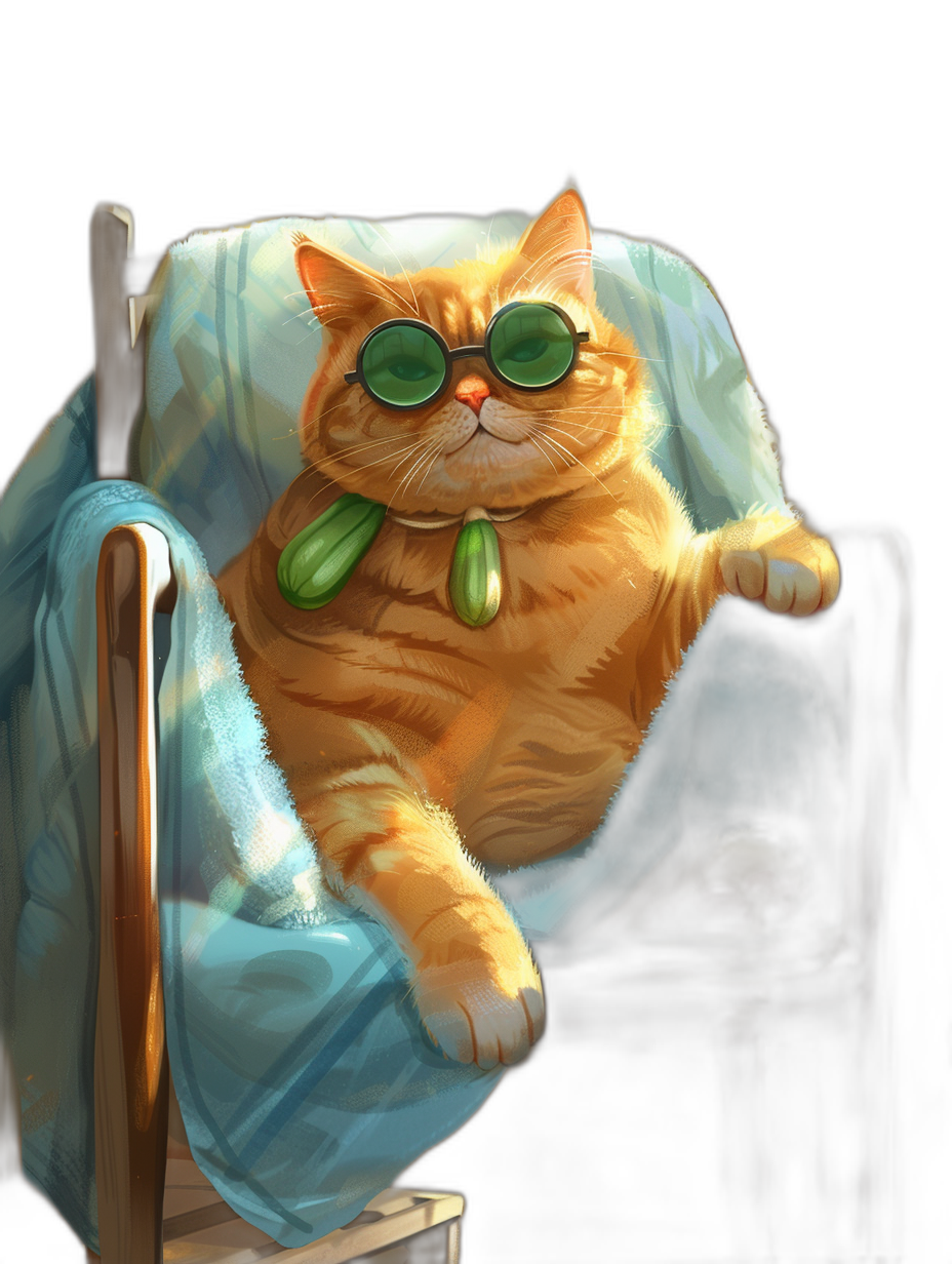 digital art of a cute and fat orange cat wearing green sunglasses, sitting on a chair with a blue blanket against a black background in the style of a cartoon. It is a full body portrait of the cat in digital painting style with natural lighting and high resolution.