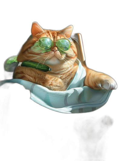 A fat orange cat with round green sunglasses, wearing light blue  and white gloves is lying on the back of an office chair, holding a cucumber in its mouth against a black background. The photo has a photo-realistic style with a minimalist background and uses macro photography and portrait photography techniques. Warm tones and a symmetrical composition are used, appearing to be lit with professional studio lighting at a high resolution.