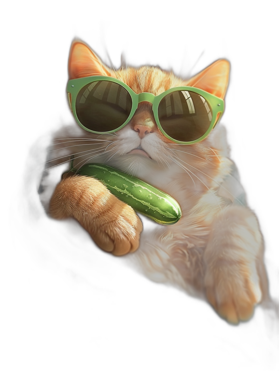 A ginger cat with green sunglasses is holding a cucumber in its paw against a black background, in the style of photo realistic, hyper detailed, high definition, high resolution, professional photography.