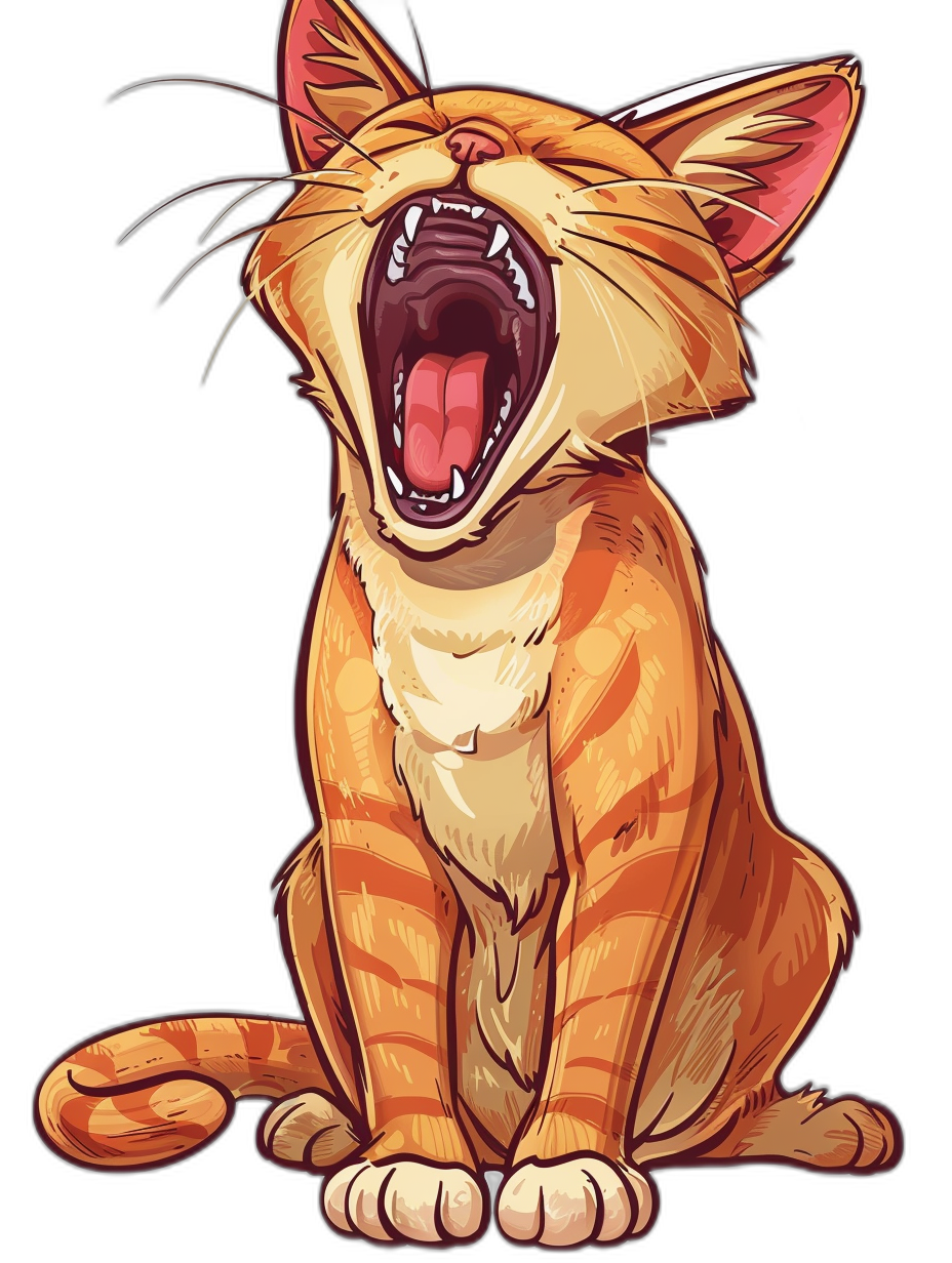 a cute happy cat laughing and roaring, vector t-shirt design graphic, full body, ultra detailed, isolated on black background, cartoon style, warm colors