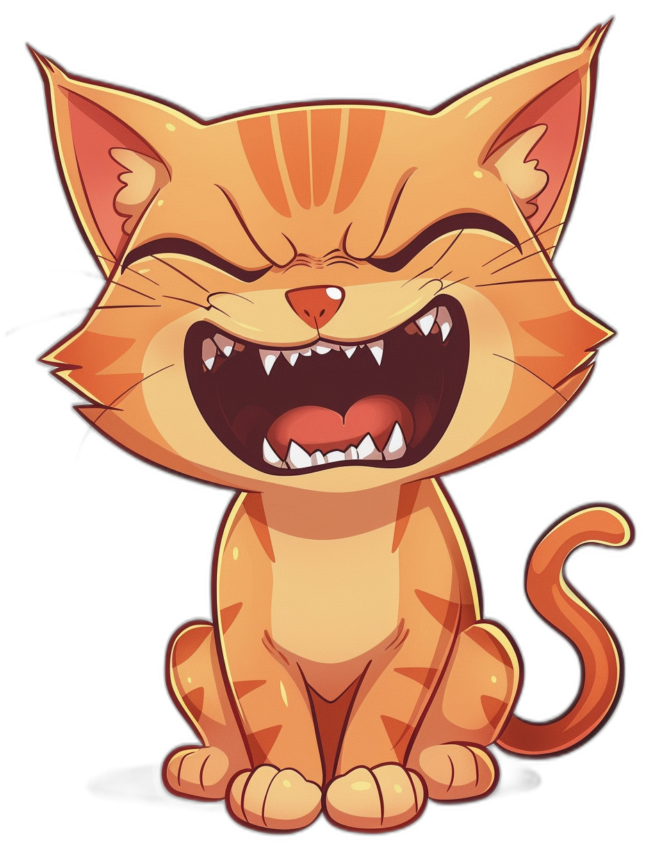 A cute cartoon orange cat laughing with teeth in the style of vector art, isolated on a black background, clipart.