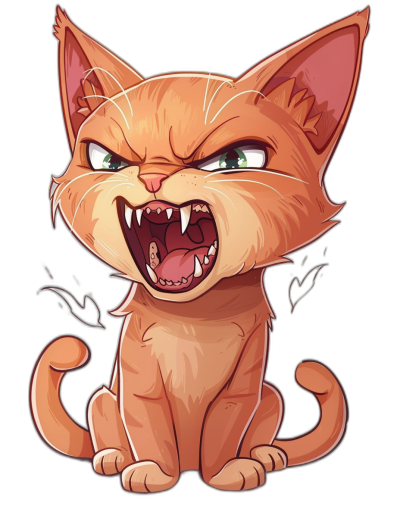 A cute cartoon cat with an angry expression, vector illustration style in full color on black background, simple lines, high resolution, no shadows and without teeth showing. The character is depicted as sitting upright while holding its head up straight to show off the upper part of their body. It has small fangs that are visible when it yawns or his design includes one big tooth., 2D flat graphic style, simple line art, cute character design, colorful, vector graphics, professional t-shirt printing design, solid white colors only. No mock-up. Isolated on Black Background.