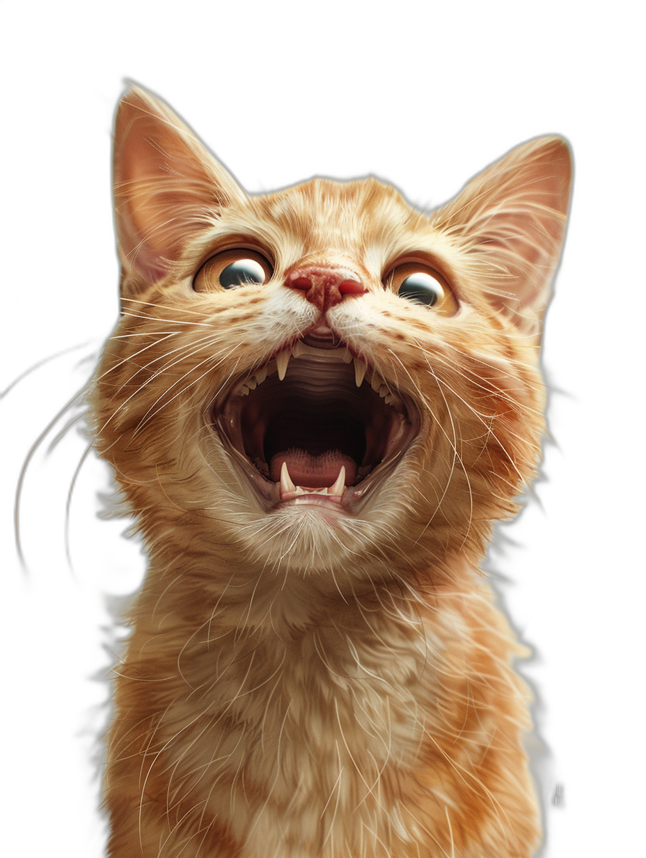 realistic happy ginger cat with open mouth and sharp teeth, black background, digital art by Disney Pixar, hyper detailed