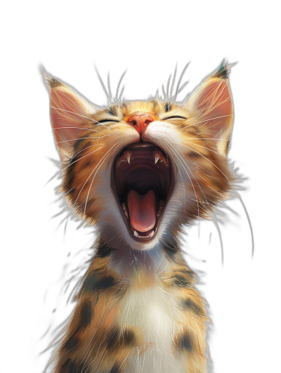 realistic digital illustration of an adorable cat meowing, black background, hd