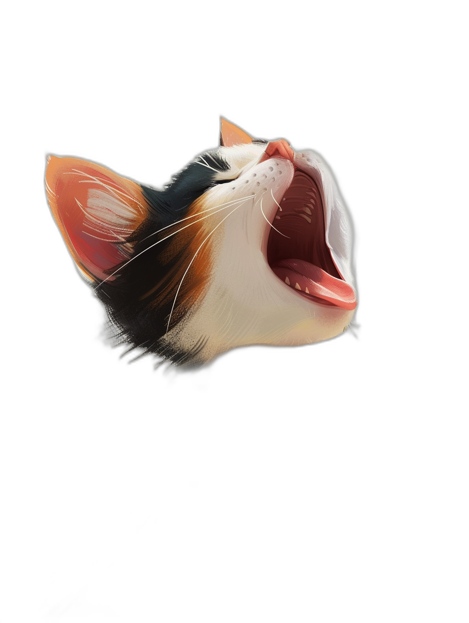 digital art of happy cat meowing, head tilted up and mouth open in profile view on pure black background