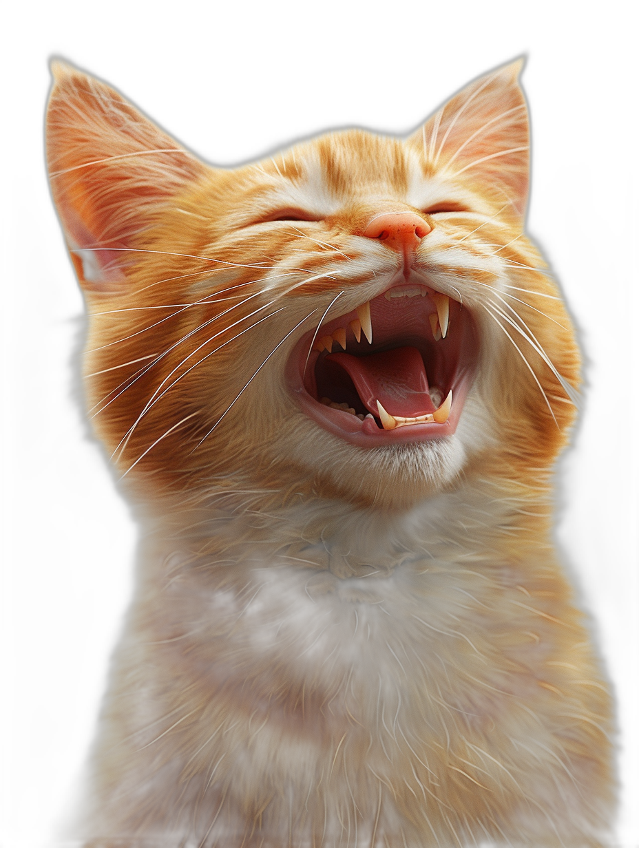 ginger cat smiling and laughing with teeth showing, solid black background, detailed digital art in the style of photorealistic portraits, detailed character illustrations in the style of realistic hyper-detailed portrait photography,