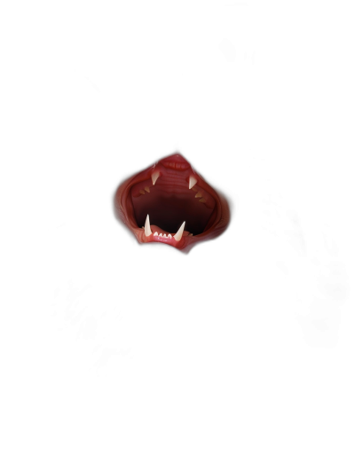 3D render of open mouth with vampire fangs on black background, in the style of Pixar.