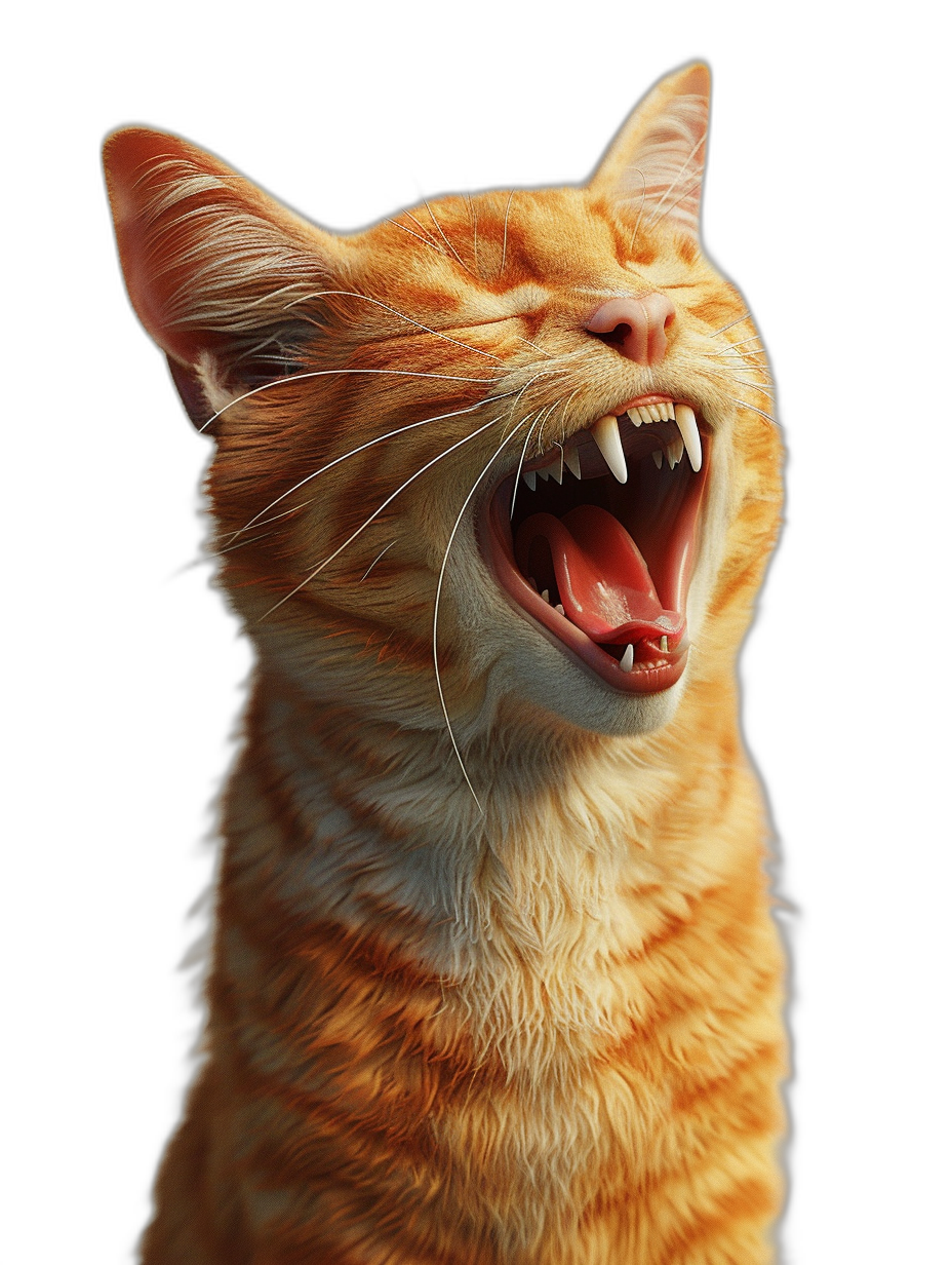 ginger cat laughing with his mouth open, hyper realistic, black background, octane render, in the style of octane render.