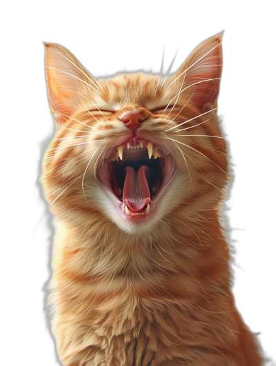 realistic happy ginger cat with open mouth and sharp teeth, solid black background, hyper realistic photography