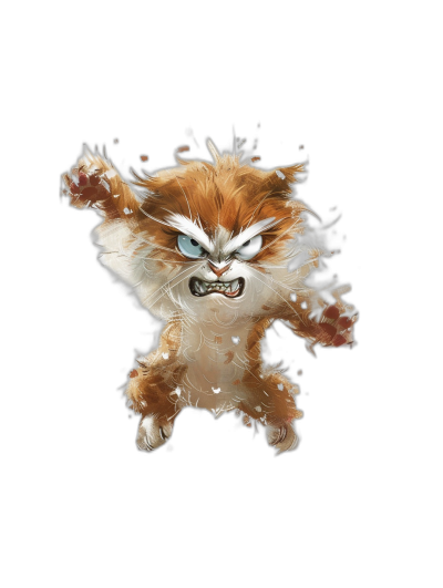 a flying angry fluffy cute cartoon cat with sharp teeth, isolated on black background, by [Ralph Steadman](https://goo.gl/search?artist%20Ralph%20Steadman) and Ch Pok20, digital art , cinematic light, cinematic