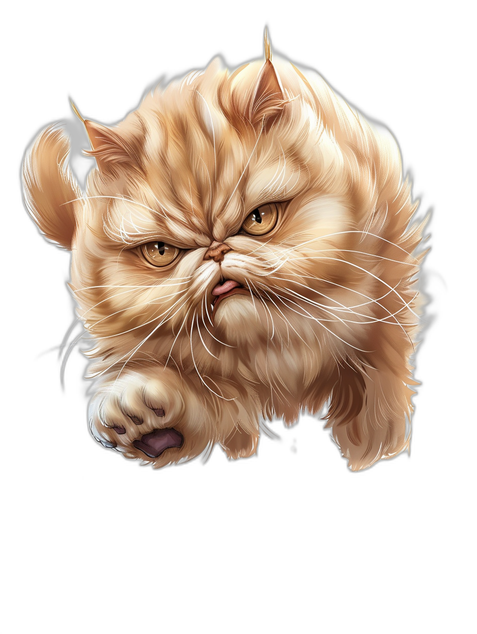 A cartoon illustration of an angry Persian cat jumping at the camera, isolated on a black background, caricature-like illustrations in the style of high resolution.