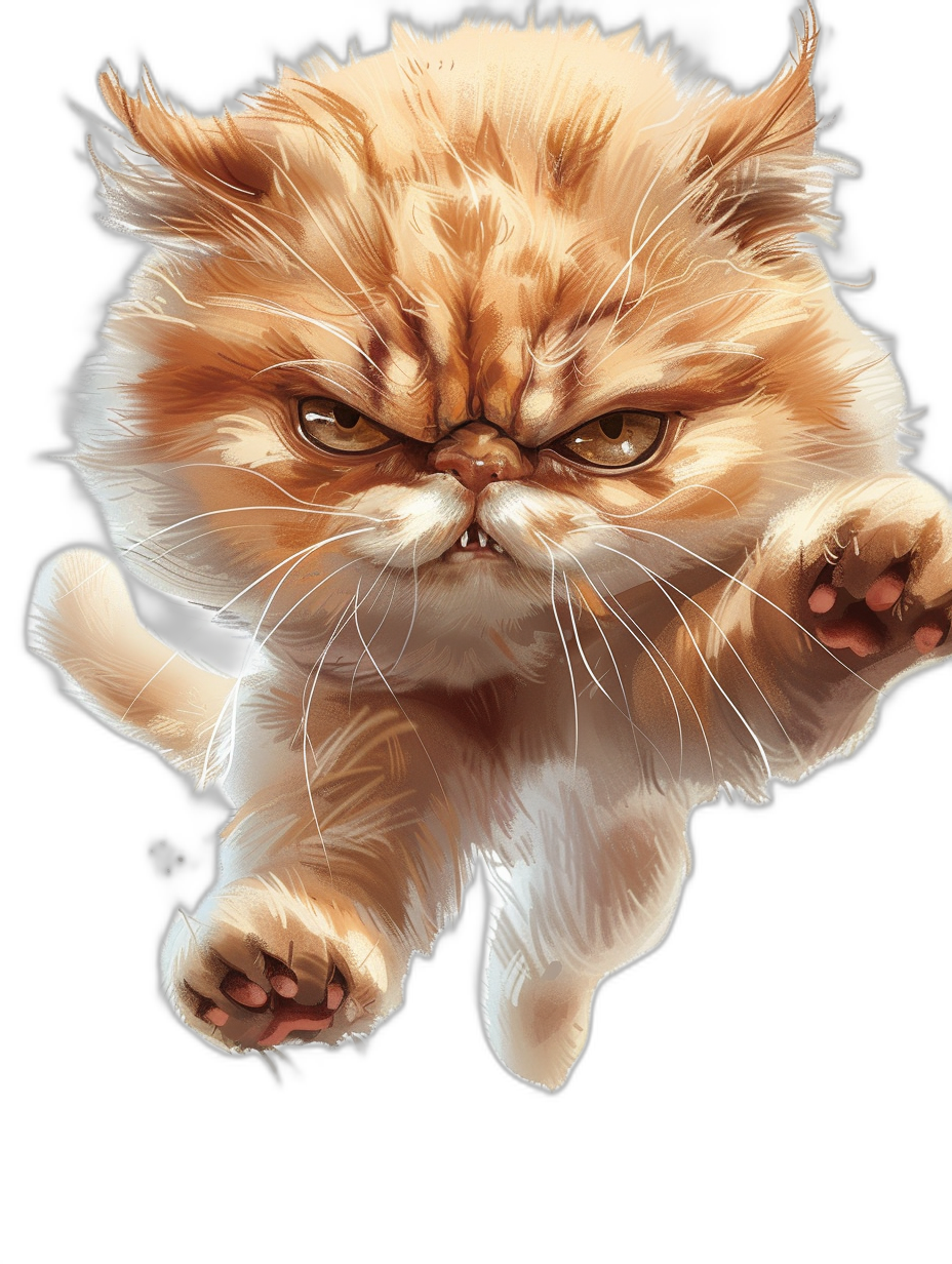 A cute Persian cat with an angry expression leaping in the air in a frontal view close-up of its face in the style of a cartoon on a black background as a high resolution digital art.