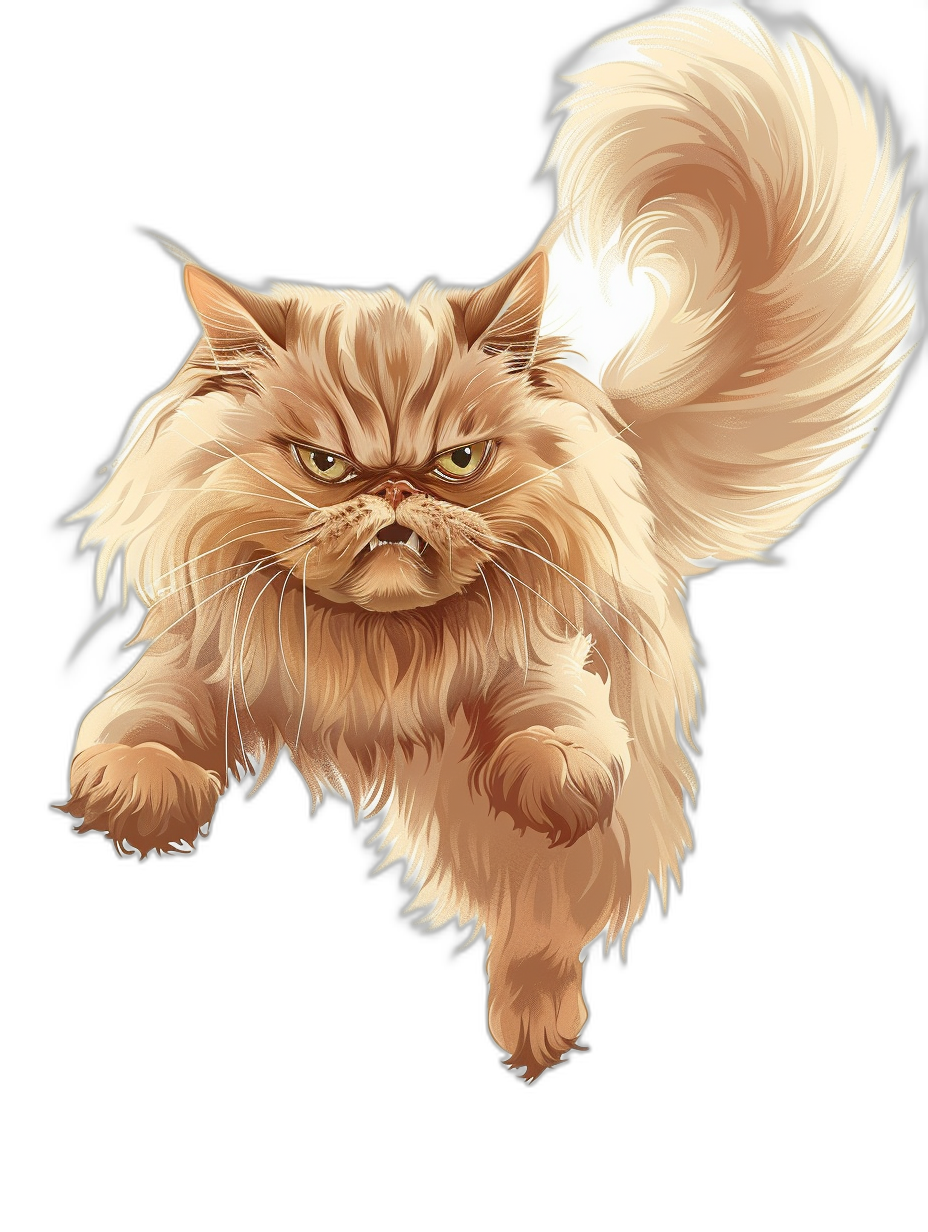 A Persian cat jumping, vector illustration with a black background, digital art made in the style of anime, created using Adobe Illustrator, the color of fur is light brown, the expression on its face should be fierce and determined, a perspective view will make it look more realistic, the tail has white hair at both ends, the fangs have sharp edges.