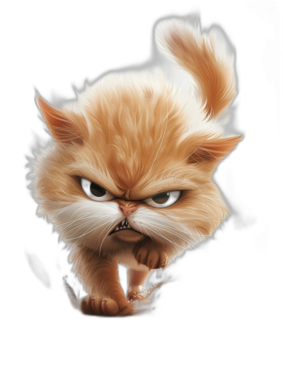 angry cute cat in action, caricature style, high resolution digital art with black background in the style of caricature.