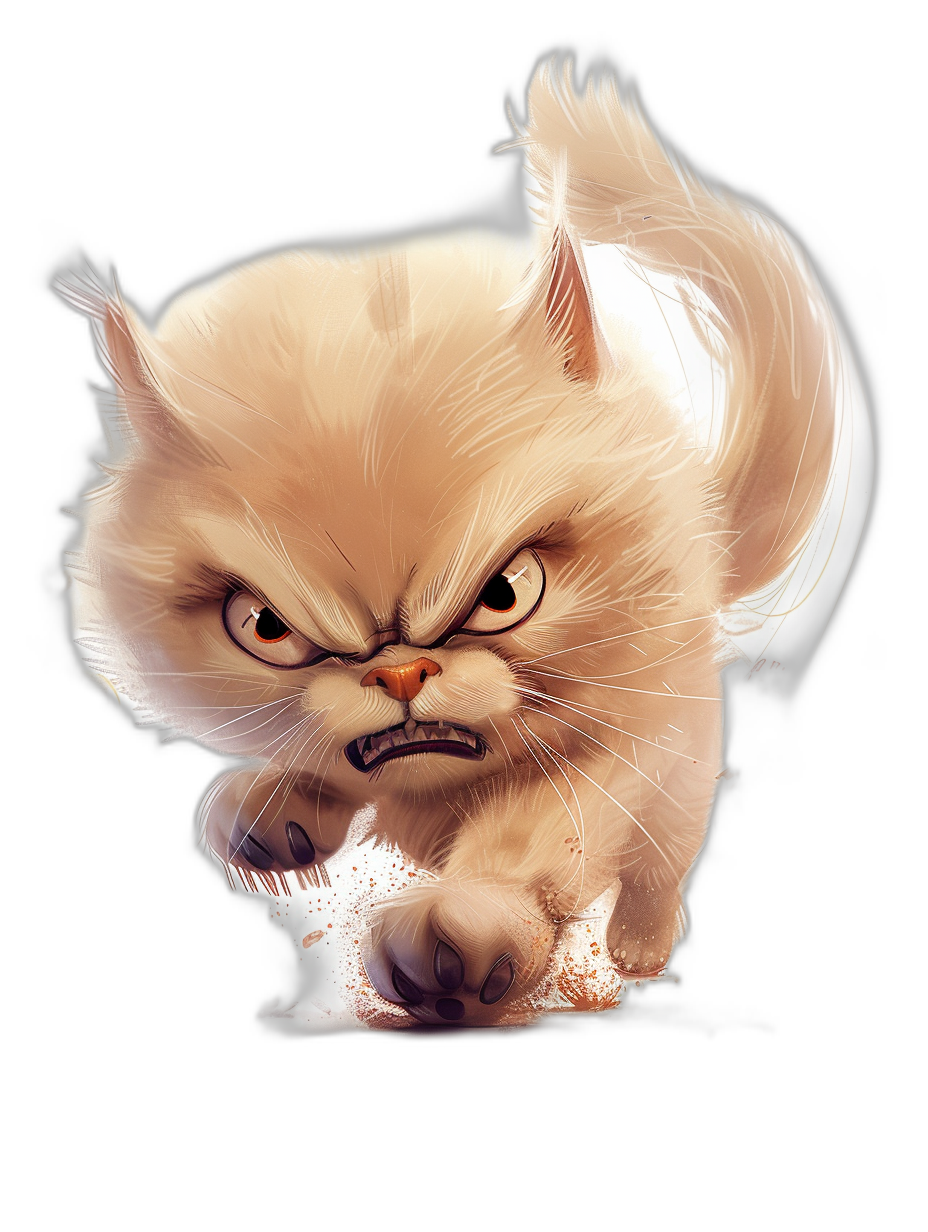 A persian cat with an angry expression in a running pose in the cartoon style with a black background, digital art drawing in the style of [WLOP](https://goo.gl/search?artist%20WLOP) and [Greg Rutkowski](https://goo.gl/search?artist%20Greg%20Rutkowski) and [Makoto Shinkai](https://goo.gl/search?artist%20Makoto%20Shinkai) and [Studio Ghibli](https://goo.gl/search?artist%20Studio%20Ghibli).