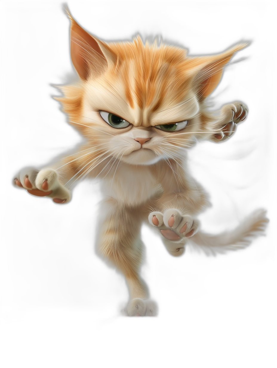 character design of an angry ginger cat in a fighting pose, full body, cartoon style, digital art in the style of Disney Pixar studio, on a black background, octane render, high resolution