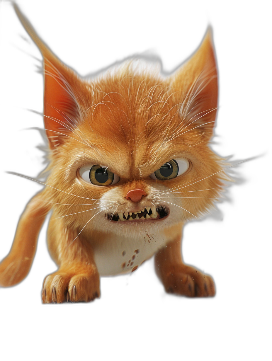 A cute orange cat with sharp teeth, angry expression and claws running on a black background, in the style of [Tiago Hoisel](https://goo.gl/search?artist%20Tiago%20Hoisel), caricature-like and playful, with high resolution fine details in the style of color photography and hyper realistic photography, award winning photography.